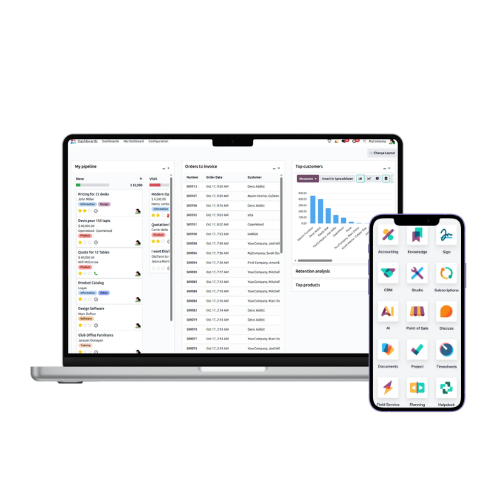 Odoo ERP dashboard on a laptop screen